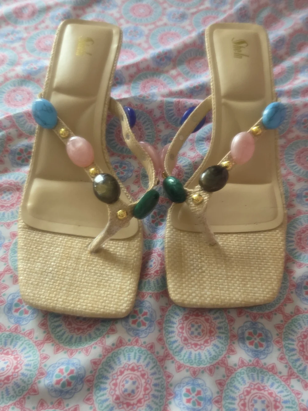 SHEIN Beige Jeweled Thong Heels with Multicolored Gem Accents